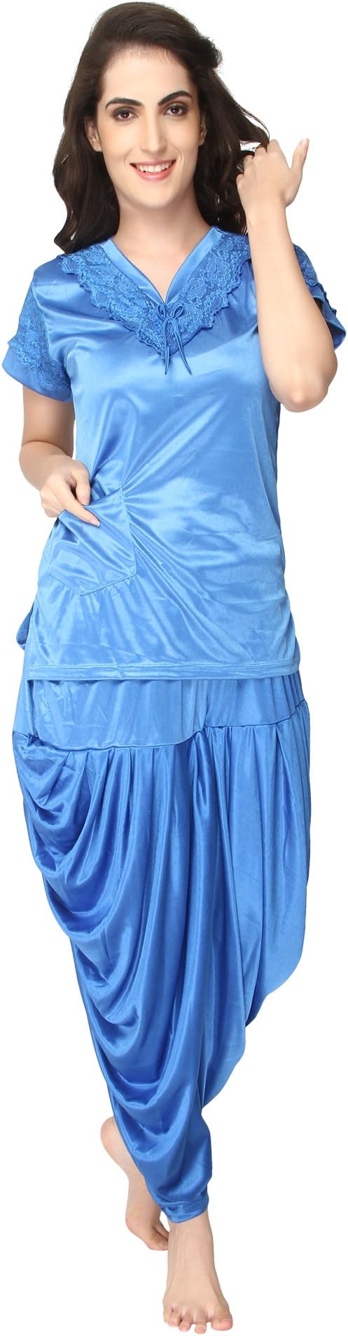 Women's Satin Top & Pyjama Set (PG1311-XL, Blue, X-Large)