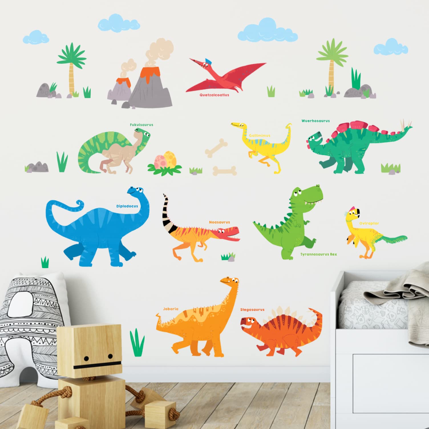 DECOWALL DS-8032 Colourful Dinosaur B (Small) Kids Wall Stickers Decals Peel and Stick Removable for Nursery Bedroom Living Room Art murals Decorations