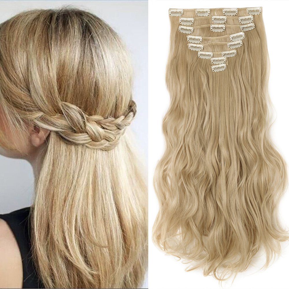 17 Clip In Hair Extensions Blonde Curly Hair Piece 8 Pcs Full