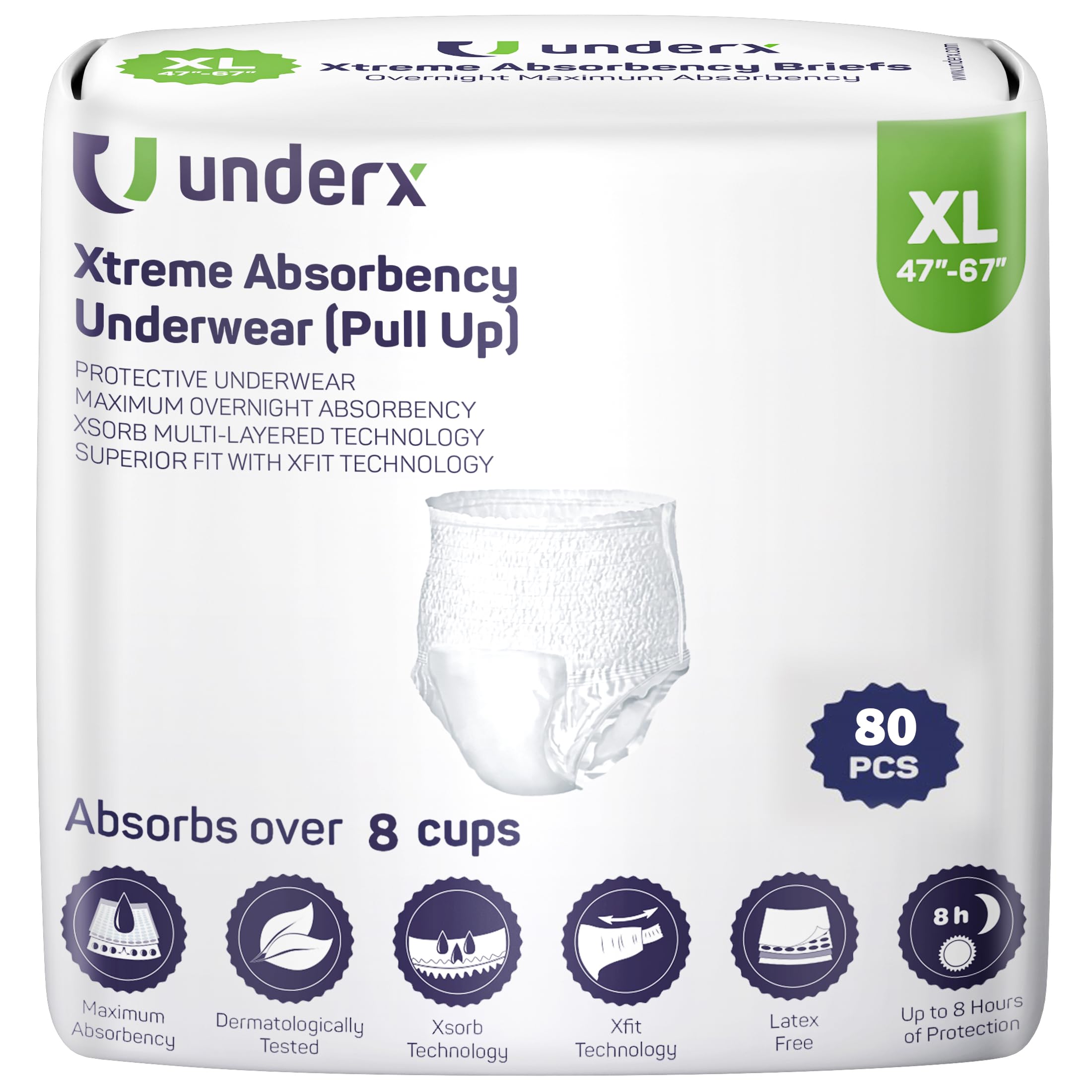 Photo 1 of UnderX Adult Disposable Incontinence Underwear – Maximum Absorbency Pull Ups, Absorbs 8 Cups of Liquid, Overnight Pullups Comfort, Leak Protection, Soft Latex-Free Diaper (X-Large, 80 Count)