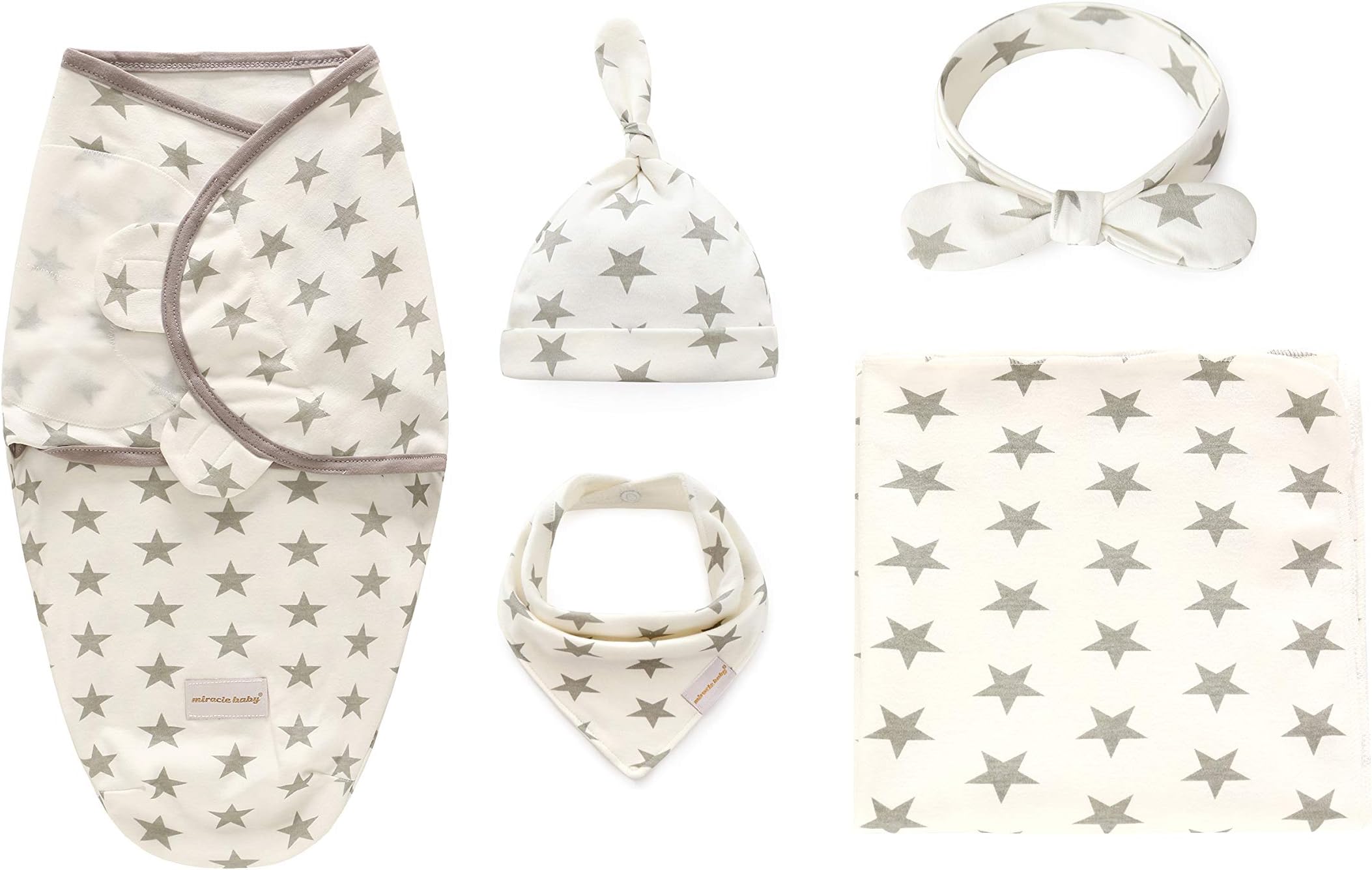 Baby Swaddle Wrap Blankets with Hat + Headband + Bandana Bib Set, 100% Cotton Knitted, 5-Pack Shower Gift for Newborn Infants Swaddling & Receiving & Sleeping & Drooling (for 0-3 Months, Grey Star)