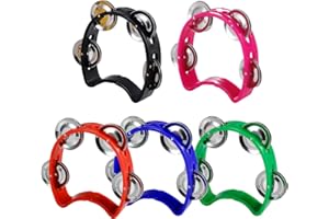 TENINYU Pack of 5 Half Moon Musical Tambourine, Double Row Metal 4 Jingle Bells Mini Hand Held Percussion Drum with Ergonomic Handle Grip (5 Color)