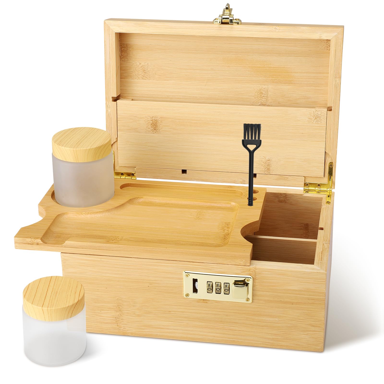 Contraxump Large Bamboo Storage Organiser with Lock, Rolling Box Gift Set, 2 Airtight Glass Containers & Brush - Multi-Use Home Accessories Box for Collectibles, Coffee Beans & More