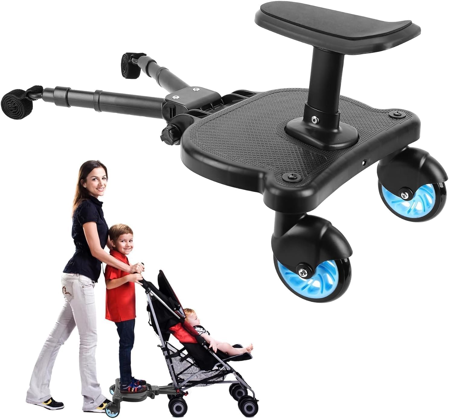 Buggy Board with seat, Standing Board, Toddlers Stroller Board Kiddy Board Stable Two Wheel Design with Seat, Standing Board fits Any Pushchair (New Blue)