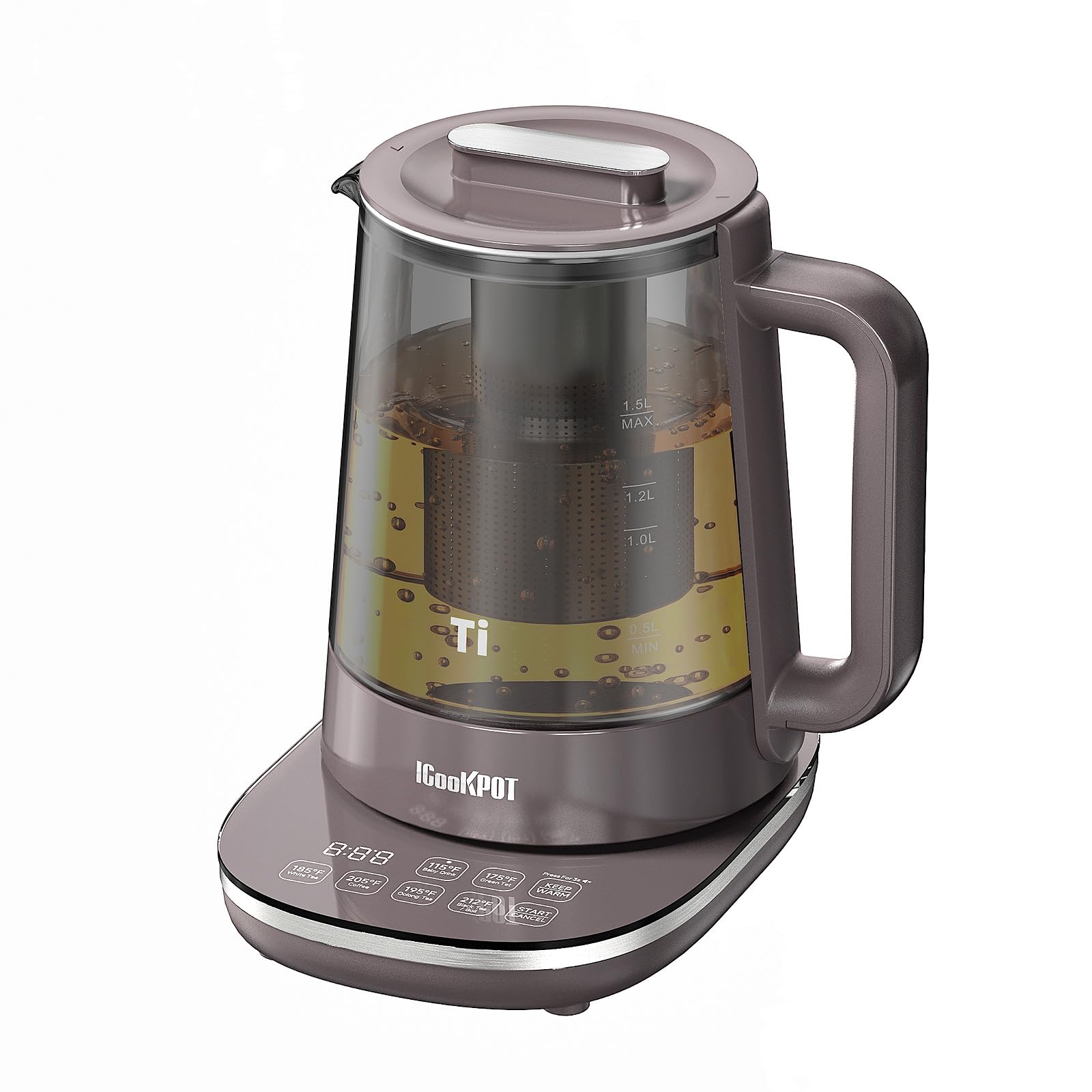 Photo 1 of ICOOKPOT Titanium Hot Tea Maker Glass Electric Kettle with Infuser and Temperature Control,1.5L Tea Maker & 1500W Rapid Boiling,Programmable Control for your Favorite Teas and Coffee-Brown