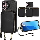 Bocasal RFID Blocking Wallet Case for iPhone 16, Adjustable Crossbody Zipper Purse Case Card Holder with Kickstand Detachable Wrist Strap, PU Leather Flip Folio Case 6.1 Inch 5G (Black)