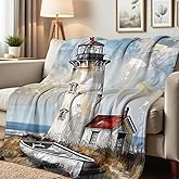 HUNXIAOJ Lighthouse Print Throw Blanket Coastal Flannel Blanket for Couch Bed Nautical Lighthouse Throw Soft Bedding Beach Bedroom Decor Gifts (49"x59")