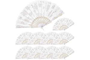 QIRMIZI 10 Pcs Rose Lace Folding Fans,Silk Folding Hand Fans, Perfect for Weddings, Parties, and Dancing,White