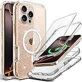 Coolwee Full Protective for iPhone 16 Pro Max Case, Compatible with MagSafe, Cute for Women Girls, Hybrid 3 Layers Heavy Duty Rugged Shockproof for iPhone 16 Pro Max Case Glitter, Crystal Clear Bling