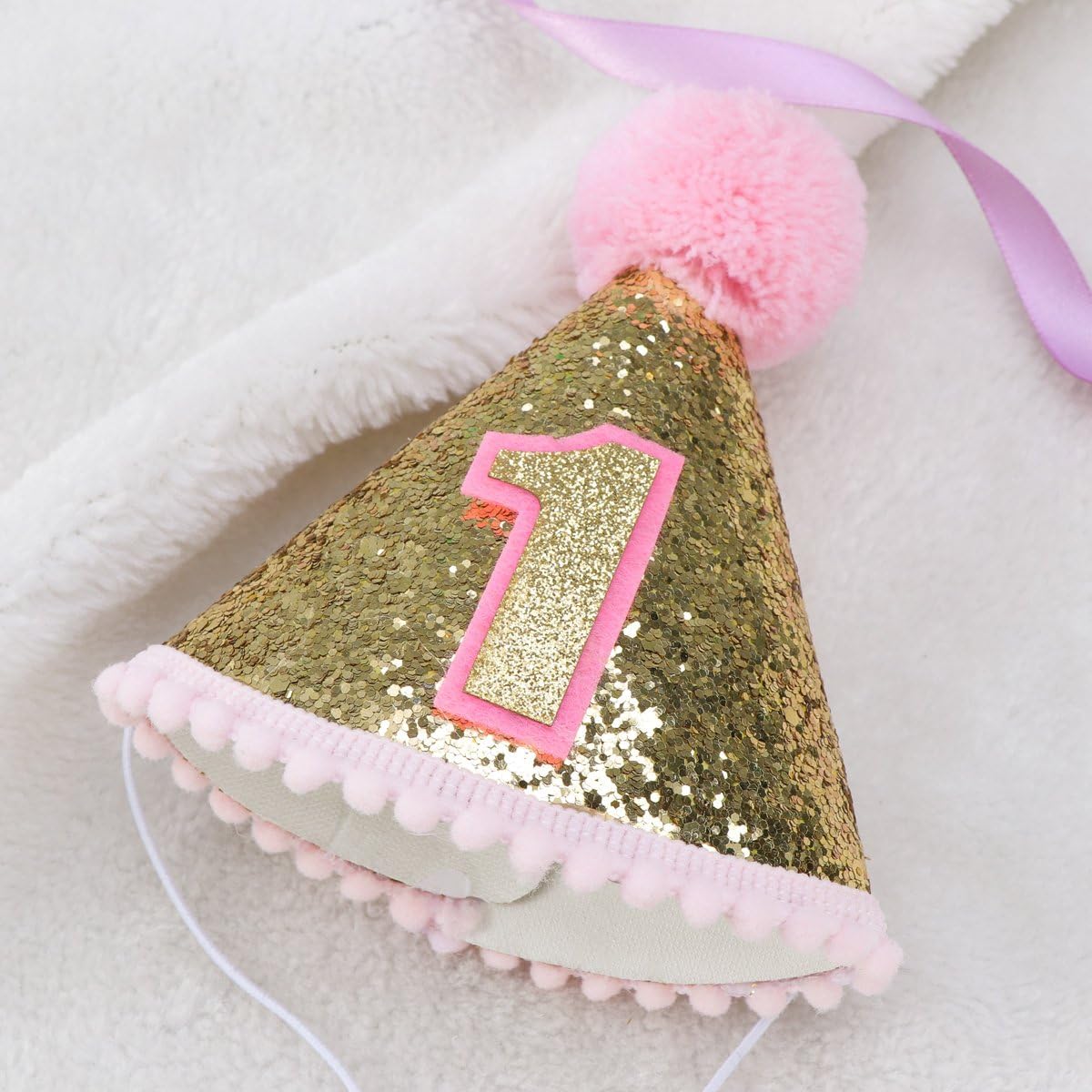 TOYMYTOY Glitter Sparkle Princess 1st Birthday Cone Hat with Adjustable Headband for Baby Girl Party Supplies (Pink) - Image 4