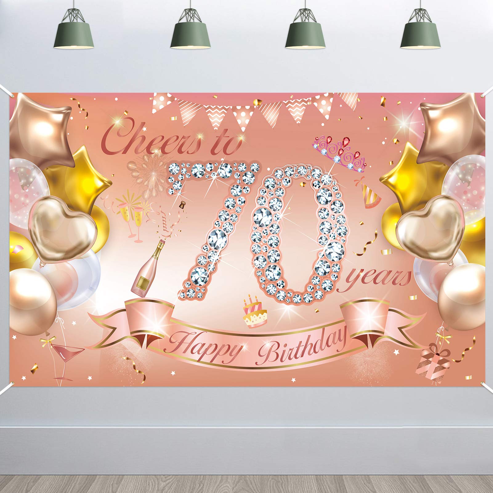 HOWAF Woman 70th Birthday Party Decoration Rose Gold, Fabric Backdrop Banner for Woman 70th Birthday Outdoor Garden Table Wall Decoration Supplies