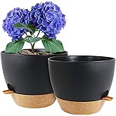 WSMKSZ 8 inch Self Watering Pots, 2 Pack Plastic Planters with Mesh Drainage Holes for Garden Plants and Flower, Plants Pots with Deep Reservoir for Indoor Outdoor Plants, Black with Brown