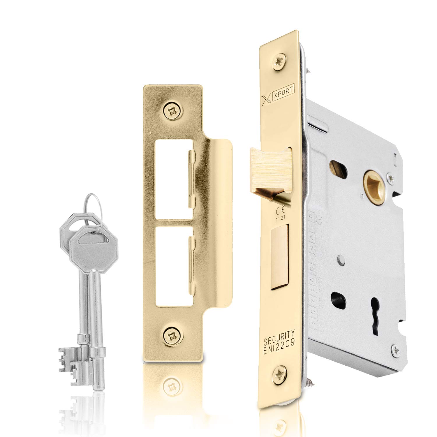 XFORT® 3 Lever Polished Brass Mortice Sashlock 75mm, Door Lock with Key for Internal and External Doors, Door Latch Mechanism and Key Locking Door Security, CE Approved and Fire Rated Protection