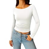 ForeFair Long Sleeve Going Out Top - Women Shirt Boat Neck Double Lined Crop Tight Ruched T Shirts