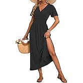 AUSELILY Women's Floral Maxi Dress V Neck Short Flutter Sleeve Beach Vacation Boho Slit Summer Dresses with Pockets 2026