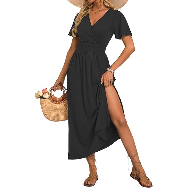 AUSELILY Maxi Dresses for Women Ankle Length Floral Print Beach Long Flowy  Dress with Pockets Black S at Amazon Women's Clothing store