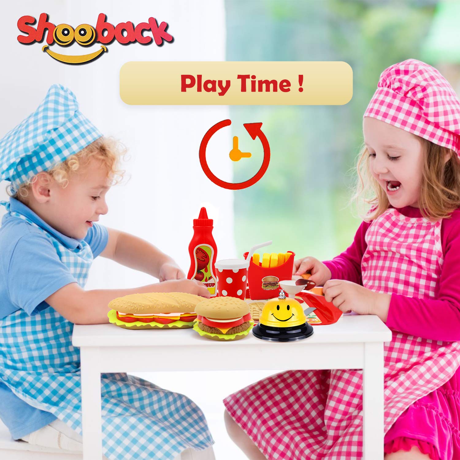 Shooback Play Kitchen Accessories, Pretend Kitchen Sets Kids Play Food, Children Toy Food Play, Fake Food for 3,4,5,6,7,8 Year Old and Up, Gift Game for Girls, Kids, Toddlers with Smile Dinner Bell