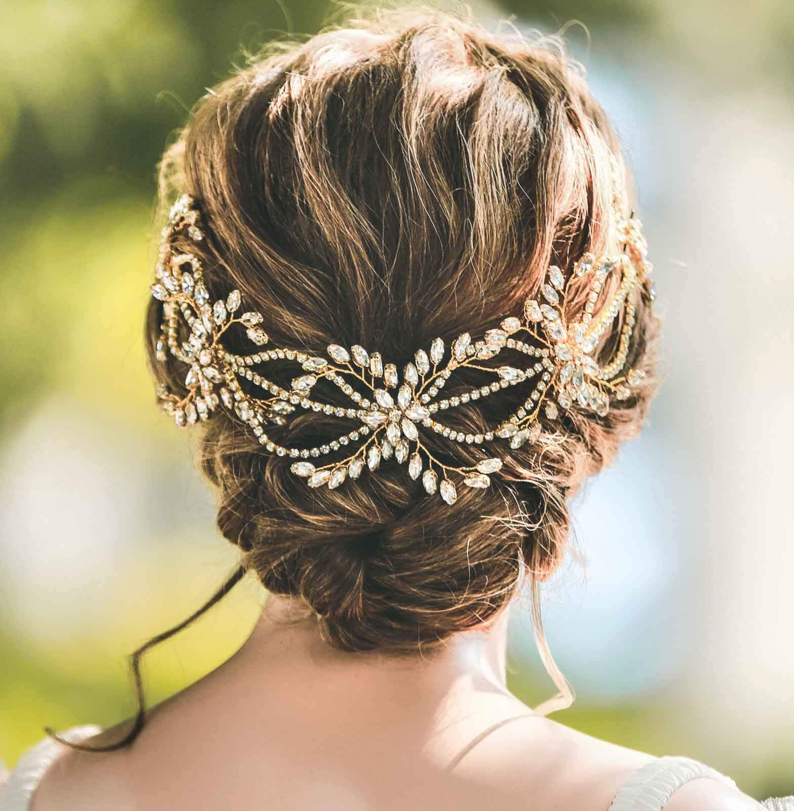 Aukmla Bride Wedding Hair Vine Rhinestone Bridal Hair Piece Flower Headband Crystals Hair Accessories Golden Wire Hair Jewelry for Women and Girls HV-07