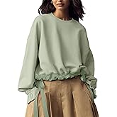ZOCPEONY Women's Long Puff Sleeve Sweatshirt Drawstring Hem Crewneck Pullover Loose Solid Casual Tops