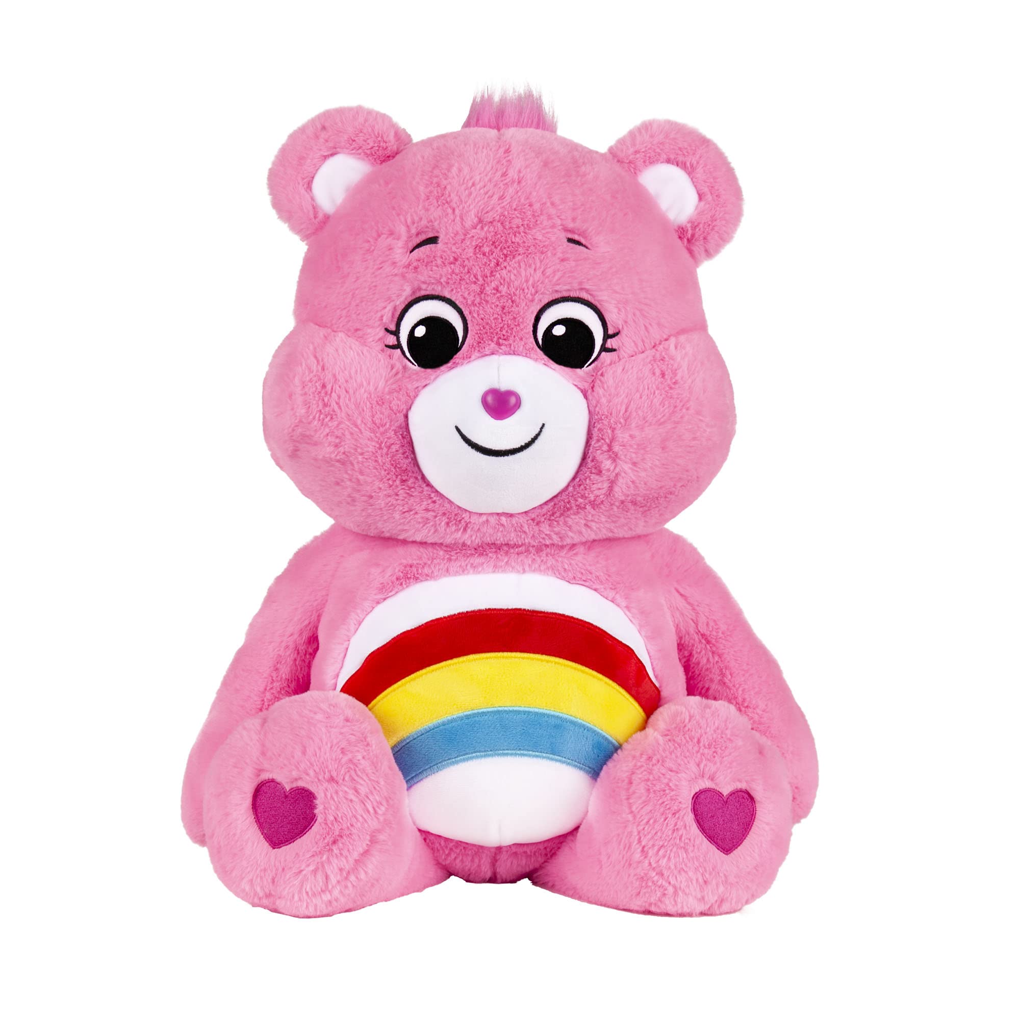 Basic Fun Care Bears Cheer Bear 60cm Jumbo Plush – Giant Pink Soft Toy with Rainbow Belly Badge – Cuddly Collectable Teddy for Kids Aged 4 for Boys & Girls