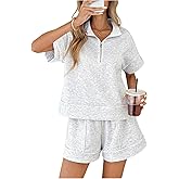 SOLY HUX Women's 2 Piece Summer Outfits Half Zip Collared Short Sleeve Shirts and Shorts Lounge Sets