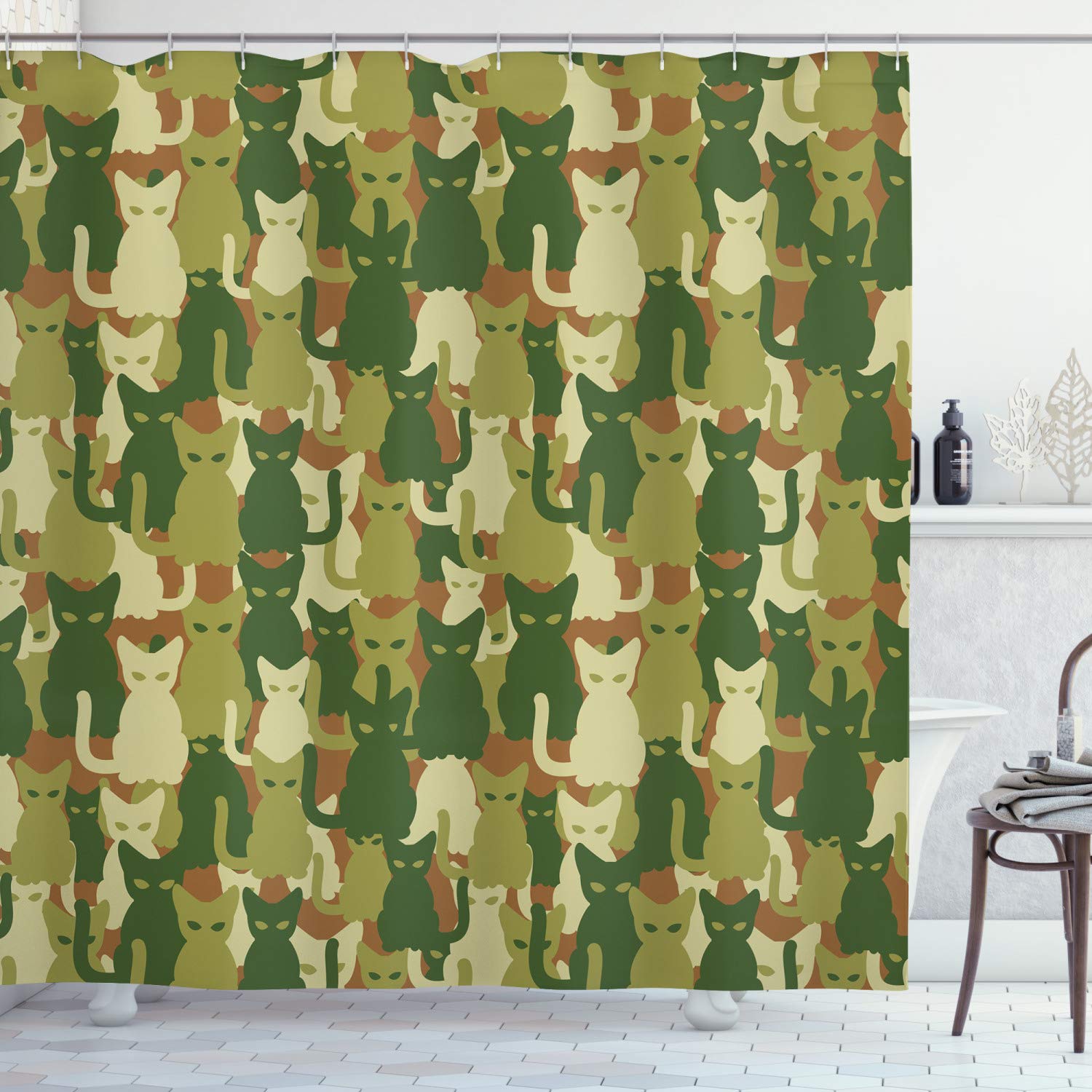 ABAKUHAUS Camo Shower Curtain, Kitten Silhouette Protective Cat Theme in Jungle Colors Animal Silhouettes, 78 Inches, Green Dark Green Cream