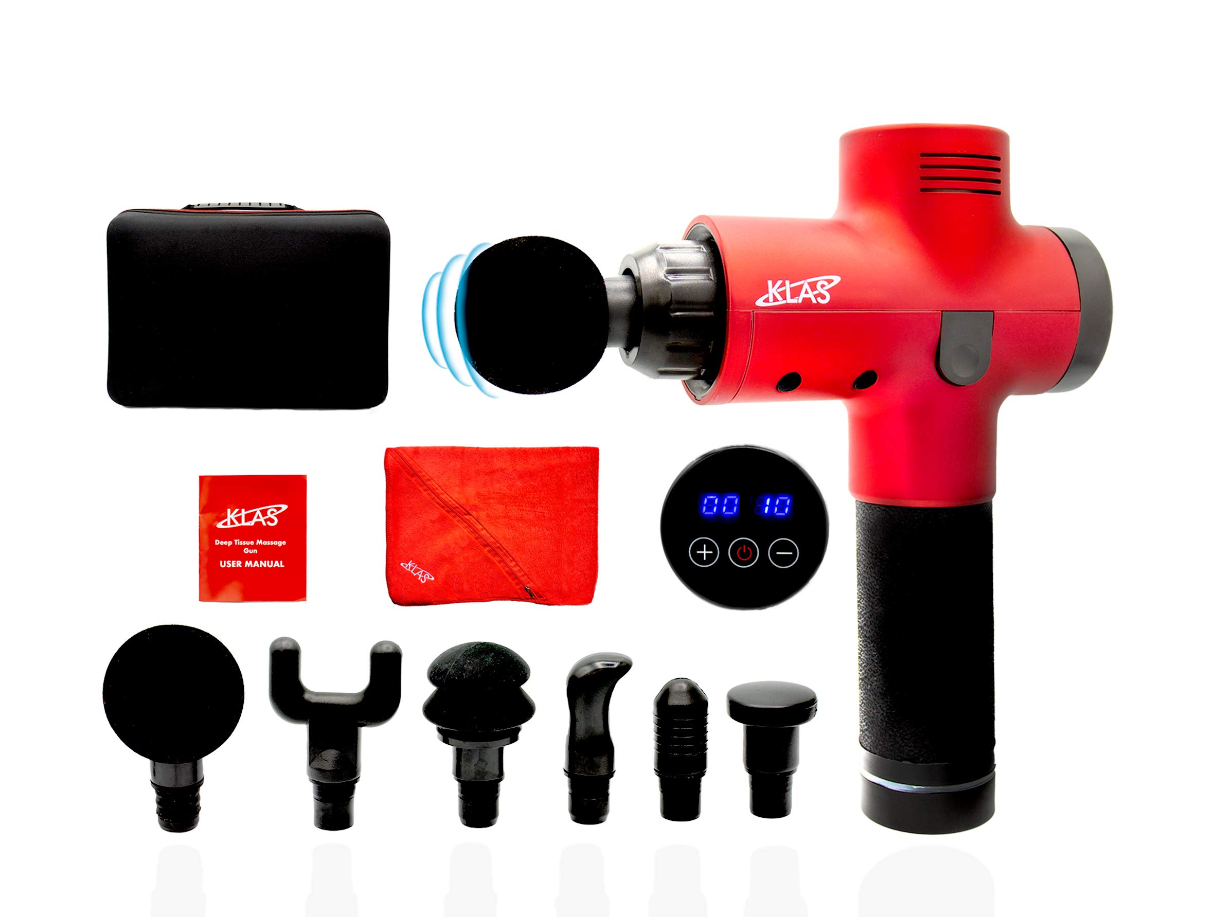 (KLAS - A UK Company) 20 Speed Wireless Touch Screen Massage Gun Plus Free Zip Pocketed Gym Towel Deep Tissue Handheld Massager, Silent Brushless Motor & 6 Interchangeable Body Massage Heads