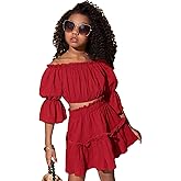 WDIRARA Girl's 2 Piece Outfits Off Shoulder Puff Sleeve Lettuce Trim Blouse and Ruffle Hem Skirt Set