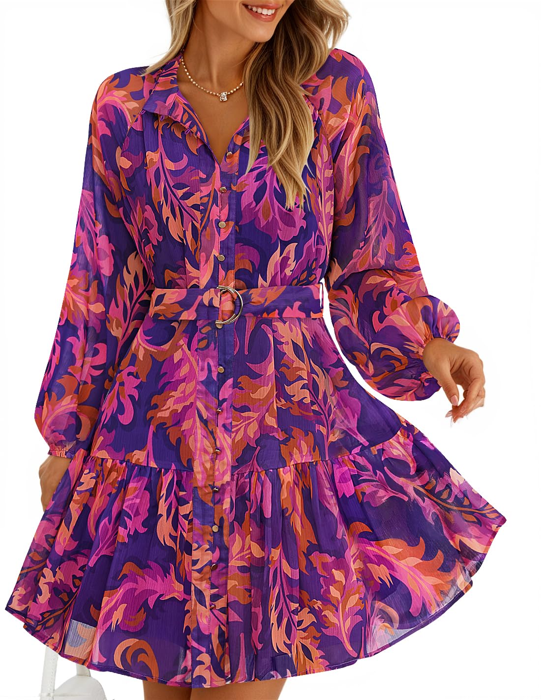 Photo 1 of (medium) ZESICA Womens Spring Summer Floral Mini Dress Long Sleeve Button Chiffon A Line Swing Short Wedding Guest Party Dresses Purple Medium