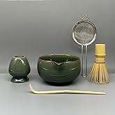 Matcha Whisk Set – 5 Pcs Matcha Set Whisk and Bowl with Spout, Bamboo Scoop, Sifter & Holder – Ru Kiln Matcha Bowl Japanese Tea Kit for Gifts, Home Use & Ceremonial Rituals (green)