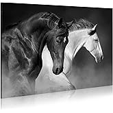 WALLSUP DECOR Wild Horses Canvas Wall Art - Black White Horse Racing Picture Two Vintage Animals Running Artwork Print Gallop Painting for Home Office Bedrooms