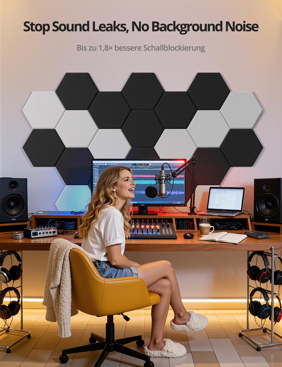 Kuchoow Hexagon Schallschutzplatten selbstklebend Schallschutz Schalldämmung Wand, 12 Stück 2-in-1 Akustikplatten mit Laermschutz MLV für Zimmer, Büro, Nachbarn, Tür, Decke, 30x26x1 cm, Schwarz 5