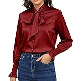 Women's Silk Button Down Blouse Bow Tie Neck Long Sleeve Dressy Elegant Office Work Blouse