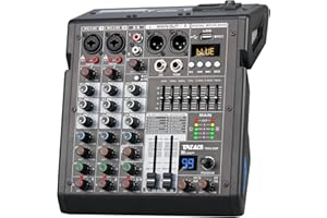 TKLBLS Audio Mixer, 4 Channel Sound Board Mixing Console with 99-Bit DSP, 7-Band Eq Output, Digital MP3 Computer Input, Profe