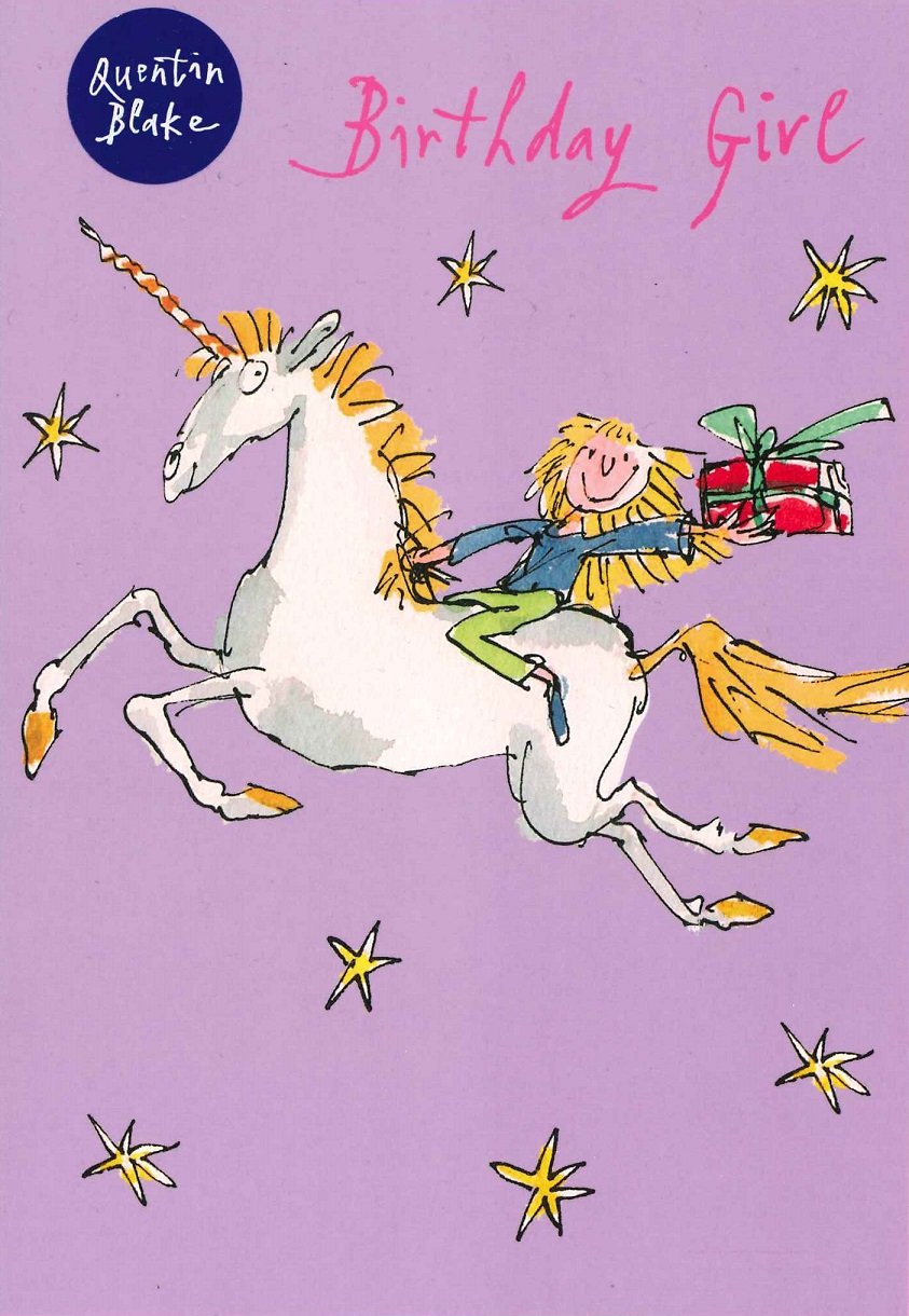 Greeting Card (WDM1485) Girl's Birthday - Quentin Blake - Girl on a Unicorn