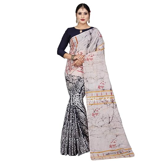 Nikhilam Cotton Hand Block Wax Batik Saree for Womens with Blouse Piece
