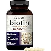 Biotin 10000mcg + Hyaluronic Acid 25mg | 360 Coconut Oil Softgels, Premium Biotin Vitamins for Hair Skin and Nails, Highly Purified and Bioavailable, Quick Release