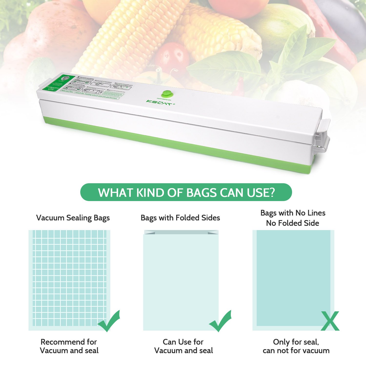 KSCAT Mini Vacuum Sealer, Automatical Vacuum Sealer Best Food Saver and Storage, Including 15 Pcs Vacuum Bags for free, with 2 Vacuum Sealer Rolls