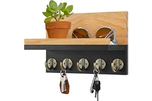Gurfuy Key Holder for Wall with Shelf - Square Wood Mail Organizer and Rack with Shelf Hooks Wall Mounted for Entryway Decor Magazines Letter Storage Farmhouse Living Room Bedroom Doorway Black