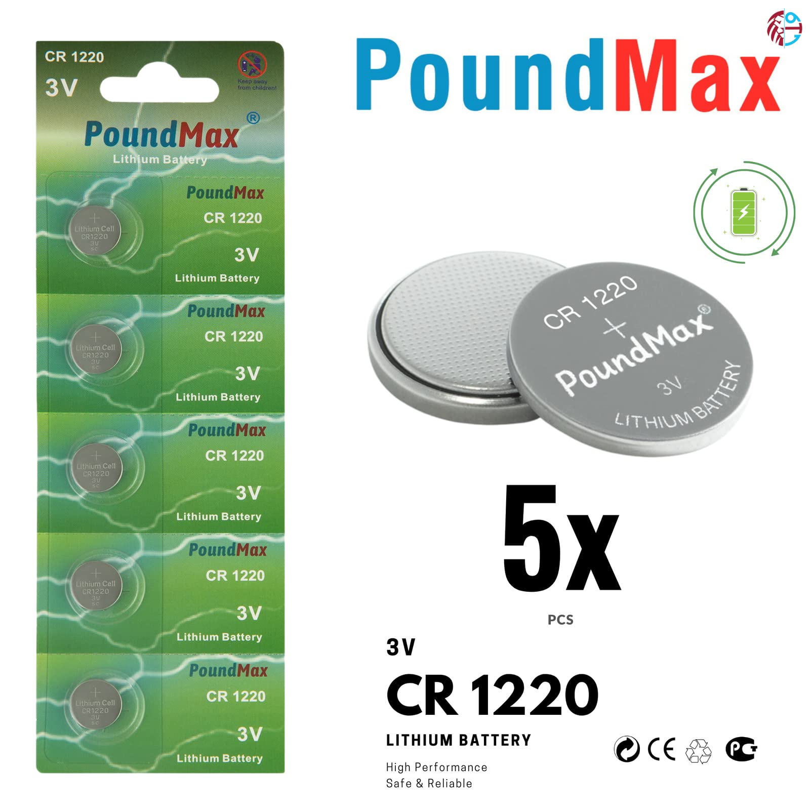 PoundMax CR 1220 Batteries 3v Lithium Button Cell Battery Combo Pack - 5 Count