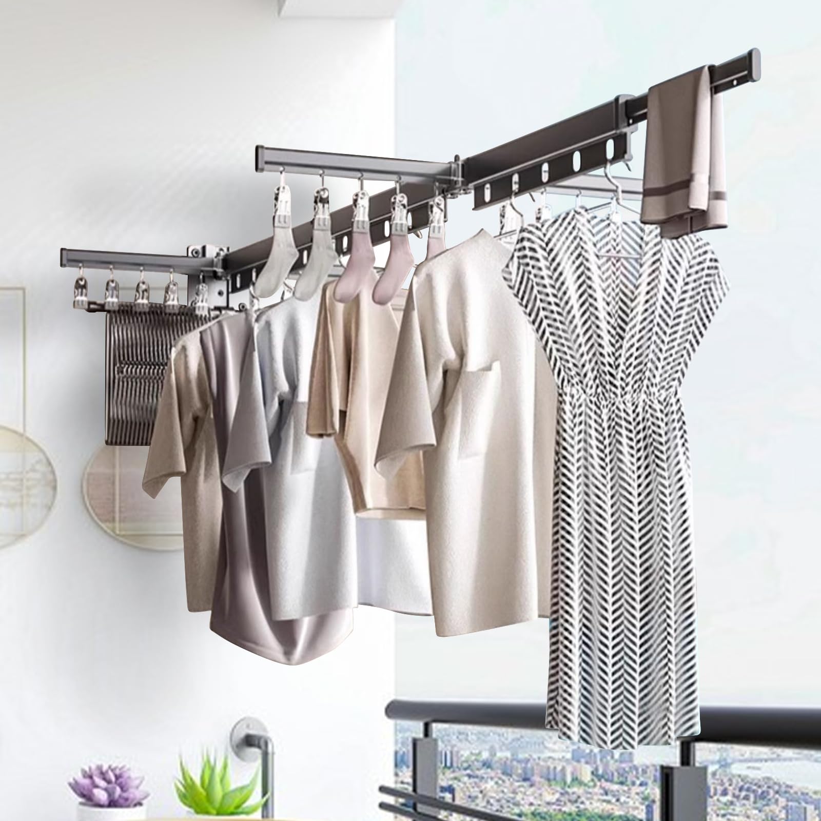 KMDZDZGS Extendable Clothes Drying Rack, Foldable Clothes Rack with Windproof Clip, Space Saver Wall Mounted Clothes Rack with Extension Rod, Clothes Rack for Balcony, Laundry, Bathroom, Bedroom (4)