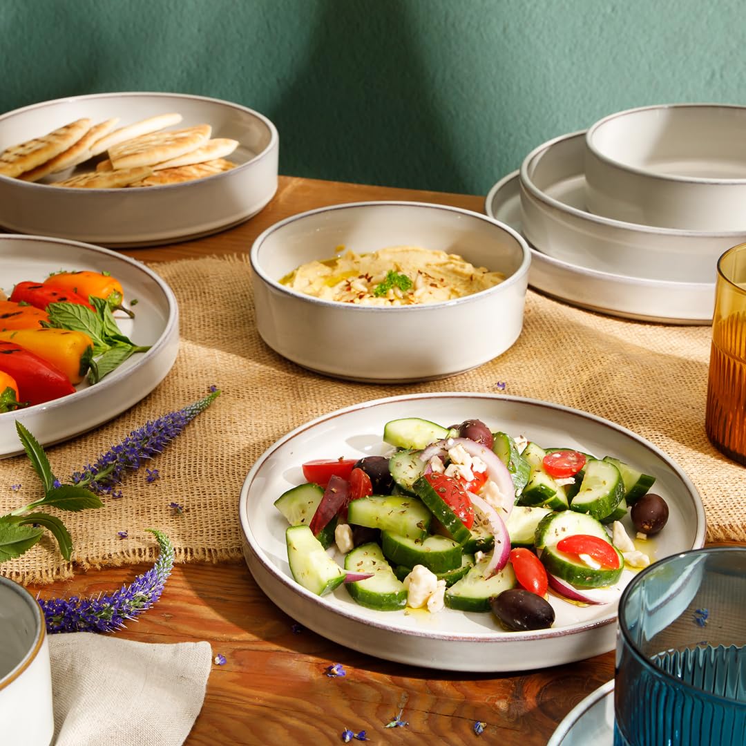 Bloomhouse Santorini Mist Double Bowl Terracotta Reactive Glaze Plates and Bowls Dinnerware Set - Moonstone White, Service for Four (16pcs)