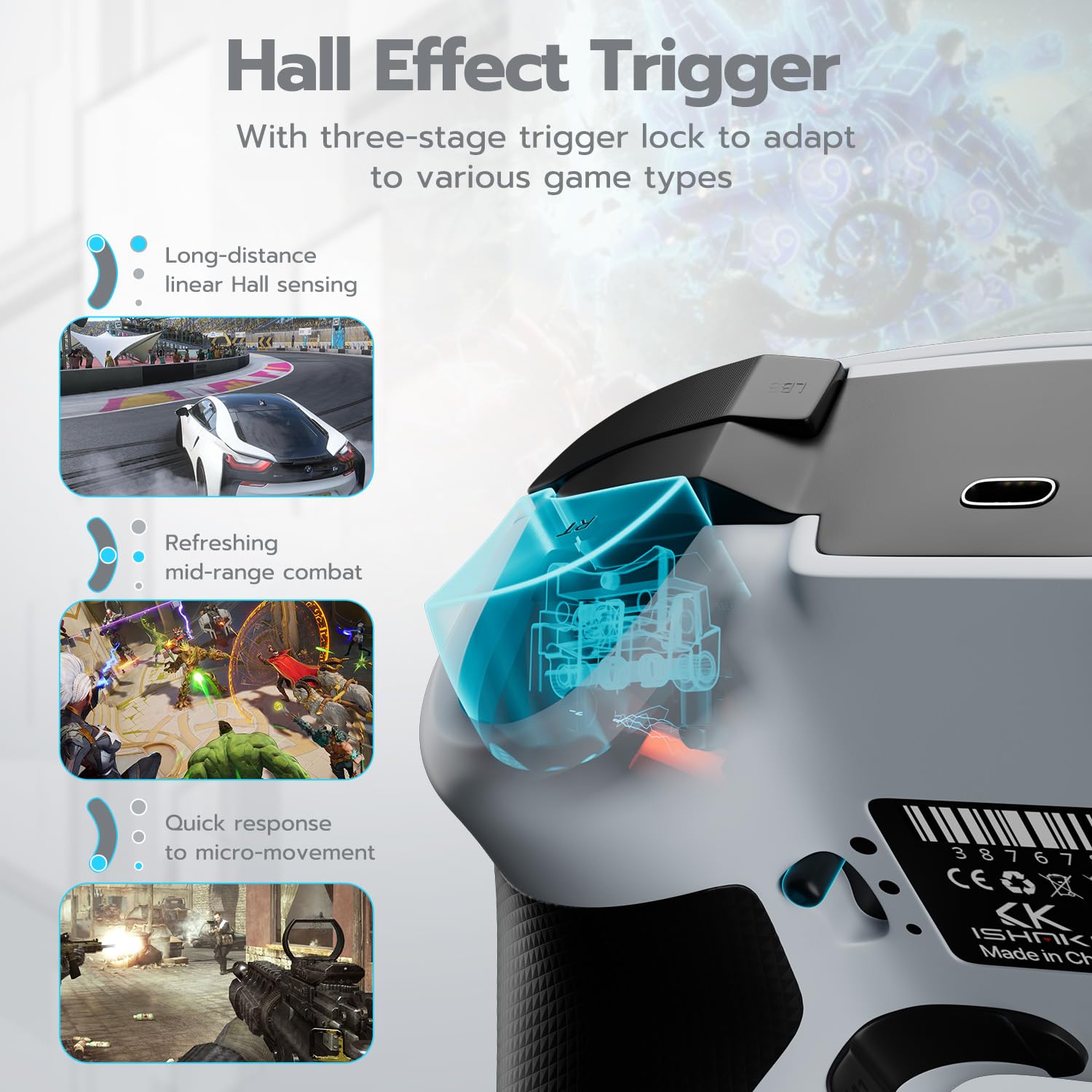 CHENGDAO 2,4G kabelloser Controller für PC/Windows/OLED/Lite/Android, Gamepad mit Hall-Effekt-Sensing-Joysticks und Hall-Triggern, mehrplattformkompatibel (Silber) 3