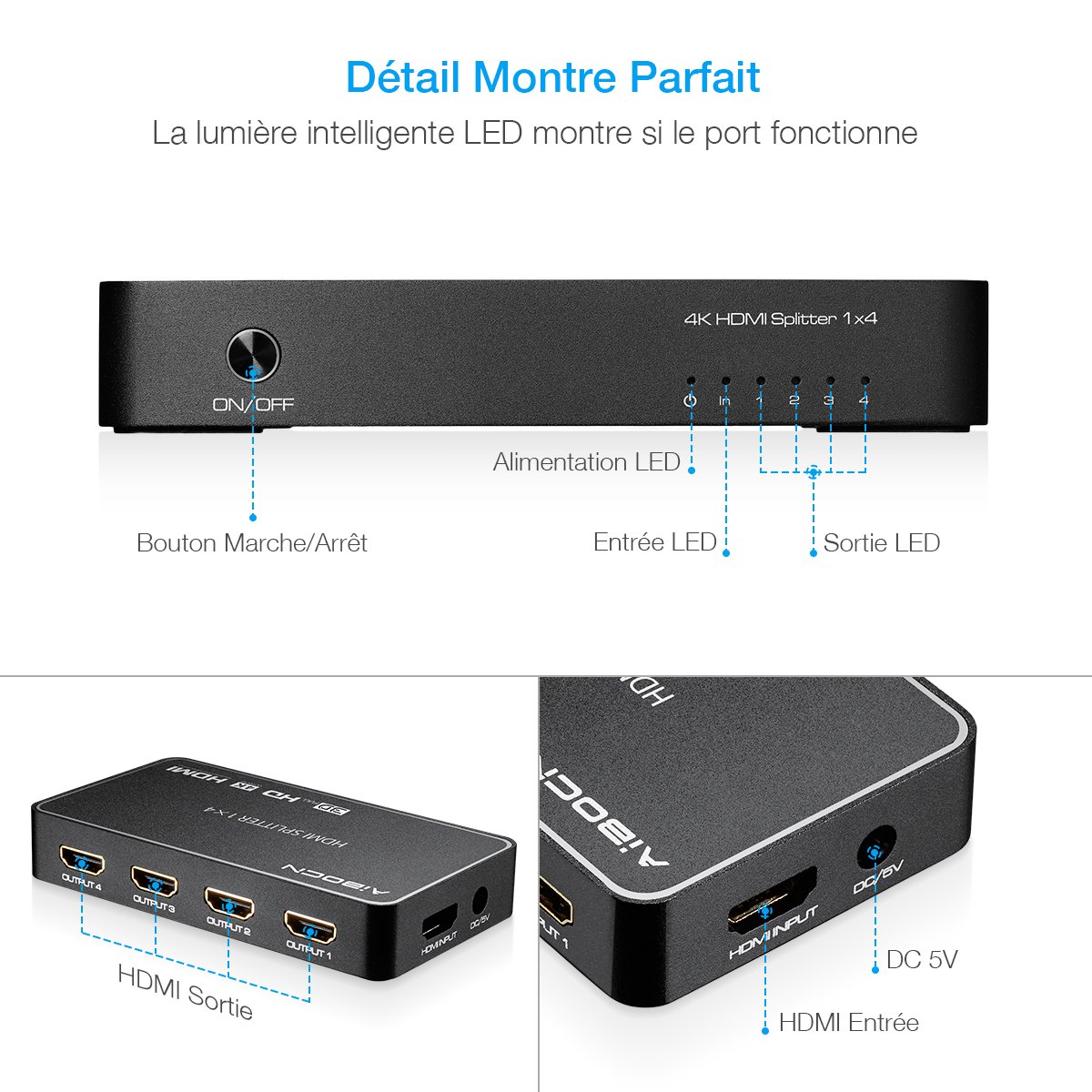 EBL HDMI Splitter Répartiteur Commutateur 4 Ports (Supporte 3D 4K, 2K, PC, Macbook, Notebook, Lecteur Blu-ray, TV HD, DVD HD, Moniteur, Projecteur, Audio) - Noir
