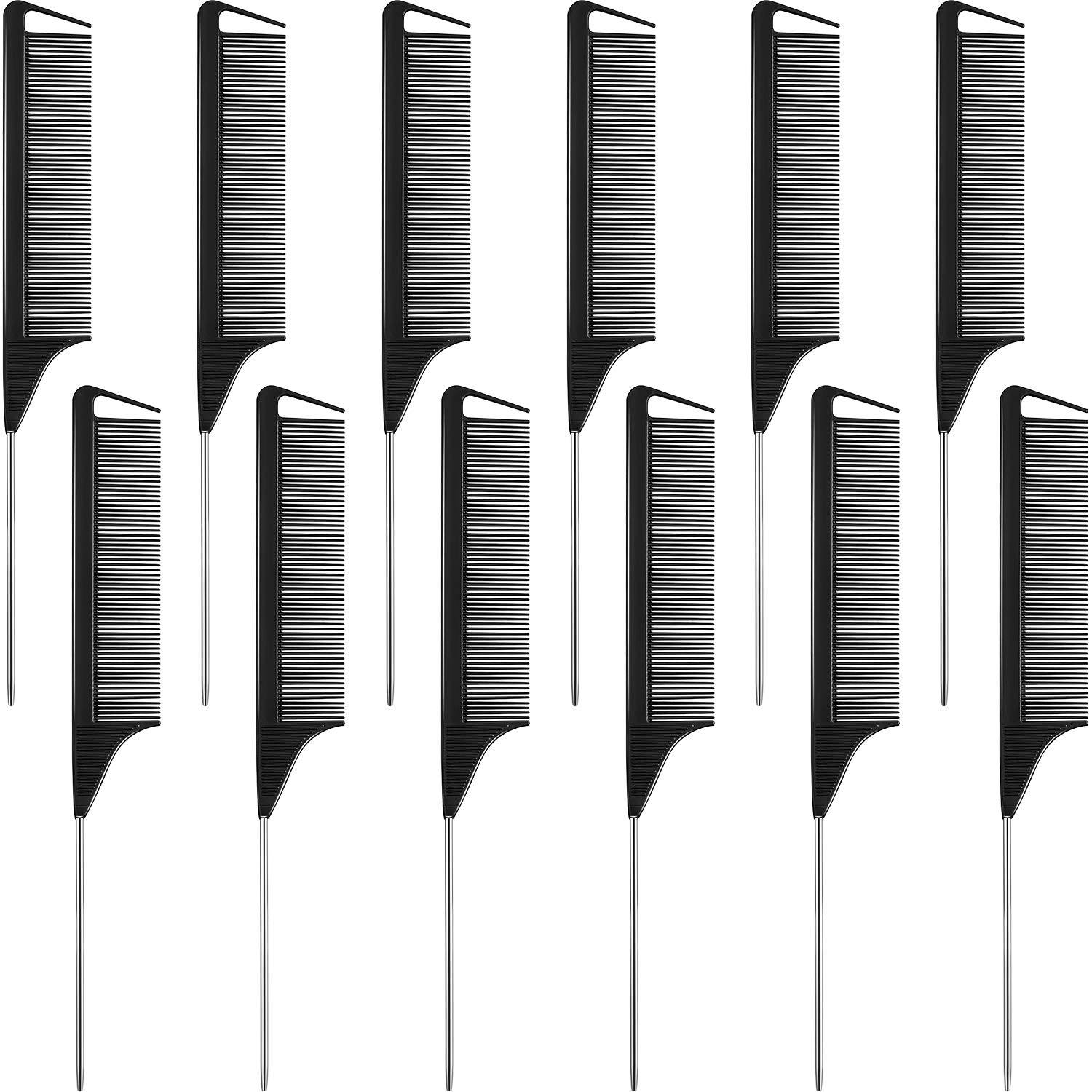 Boao 12 Packs Rat Tail Combs Black Hair Comb Stainless Steel Pin Rat Tail Carbon Fiber Heat Resistant Teasing Combs for Women Braids Hair Styling(Black)