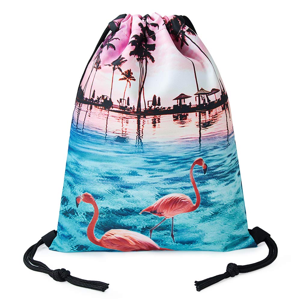 TUONROAD Childrens Travel Hiking School Drawstring Backpack 3d Custom Prints Lightweight Vacation Holiday Beach Theme Palm Tree Pink Flamingo Light Blue Seawater Sunset Glow Cute String Sack Pack