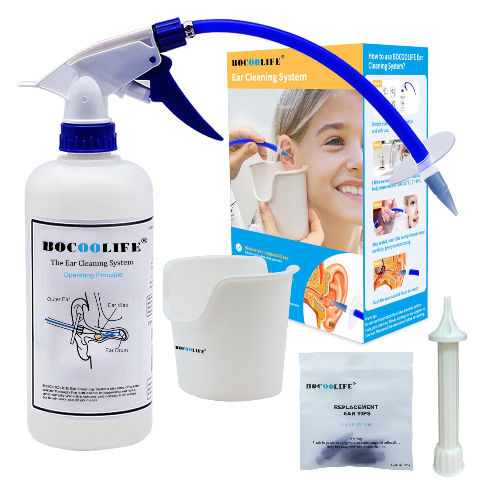 BOCOOLIFE Ear Wax Removal Kit - Safe & Effective Ear Cleaning System Cleaner with 3 Replacement Tips, Manual Flush Washer for Gentle Wax Remover, Includes Wash Basin for Easy Irrigation and Flushing