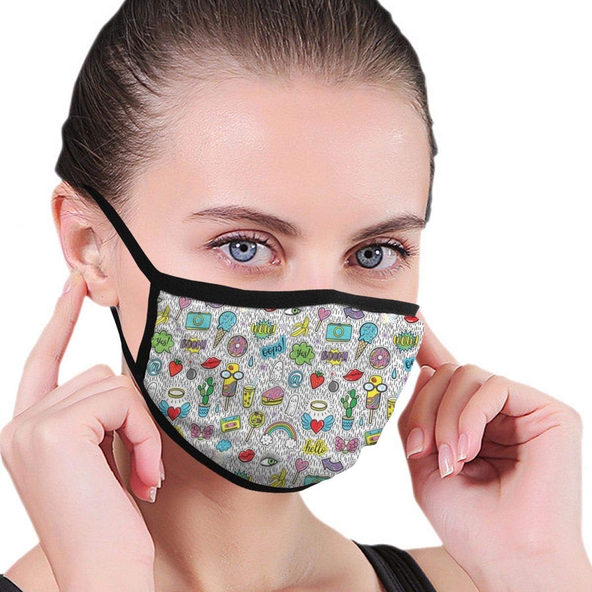Comfortable Windproof mask,Pop Art Hand Drawn Cartoon Style Eye Ice Cream Rainbow Donut Lip Heart Banana Ghost,Printed Facial decorations for Women and Men