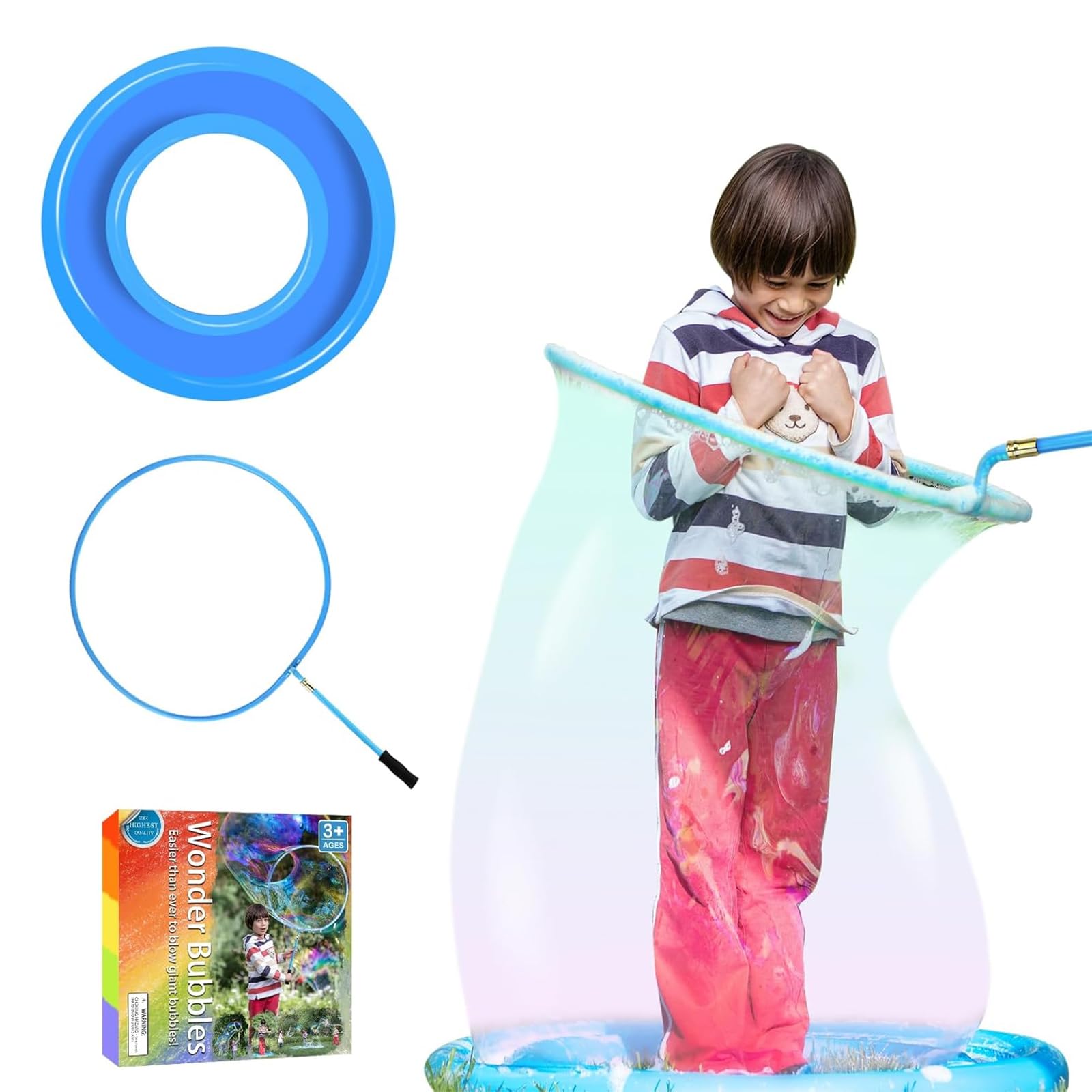 Photo 1 of UgyDuky Kid in a Bubble Toy Giant Bubble Wand, Big Bubbles Maker Toy for Kids and Adults, Bubbles Hoop with Inflatable Dipping Pool Tray, Fun Outdoor Toys Playtime Activity Summer, Show Party Game