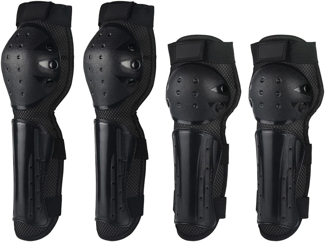 AutoRocking 4pcs Motorcycle Set of 2 Elbow Guards + 2 Knee Pads Shin Protector Armor Set for Adult Motocross Racing Bike Cycling Skating Skateboard